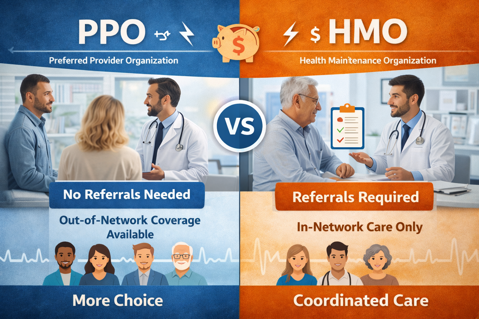 Visual breakdown of PPO vs HMO cost structures and network differences